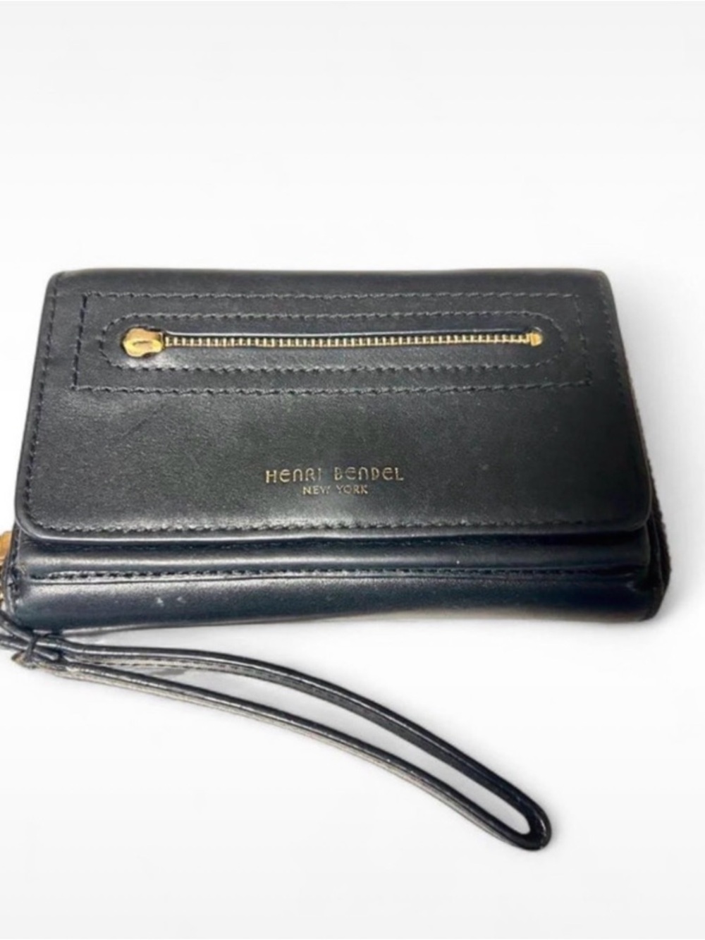 henri bendel Black Leather Wristlet with Gold Zip Accent